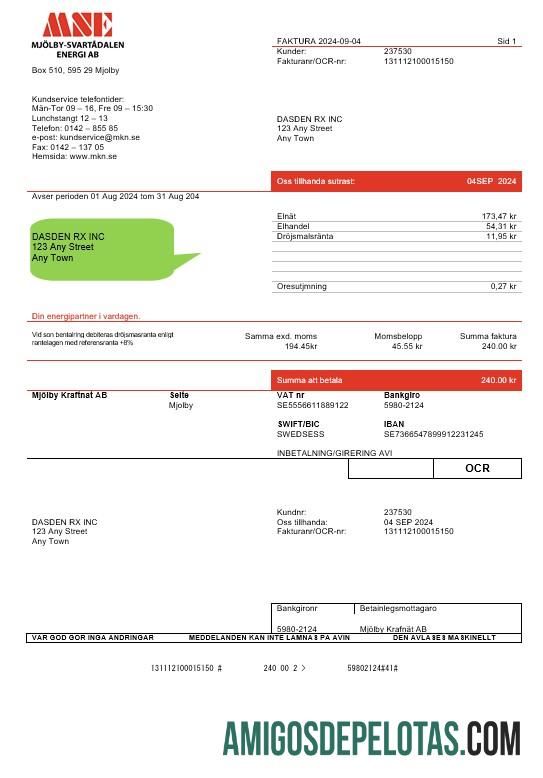 imprimível Modelo de conta de serviços públicos da Suécia Mjölby Kraftnat AB em formatos Word e PDF